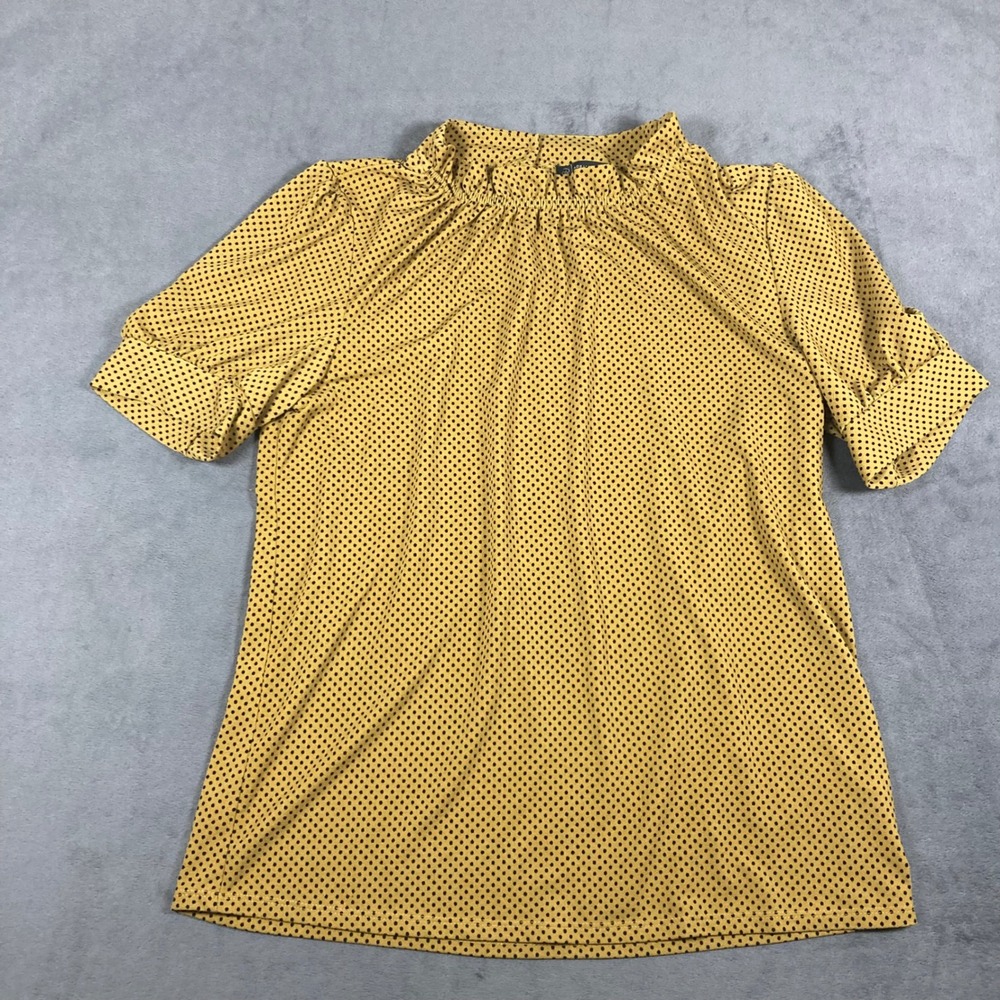 Adrianna Papell Womens Mustard Yellow Polka Dot Ruffle Neck Puff Sleeve Blouse S